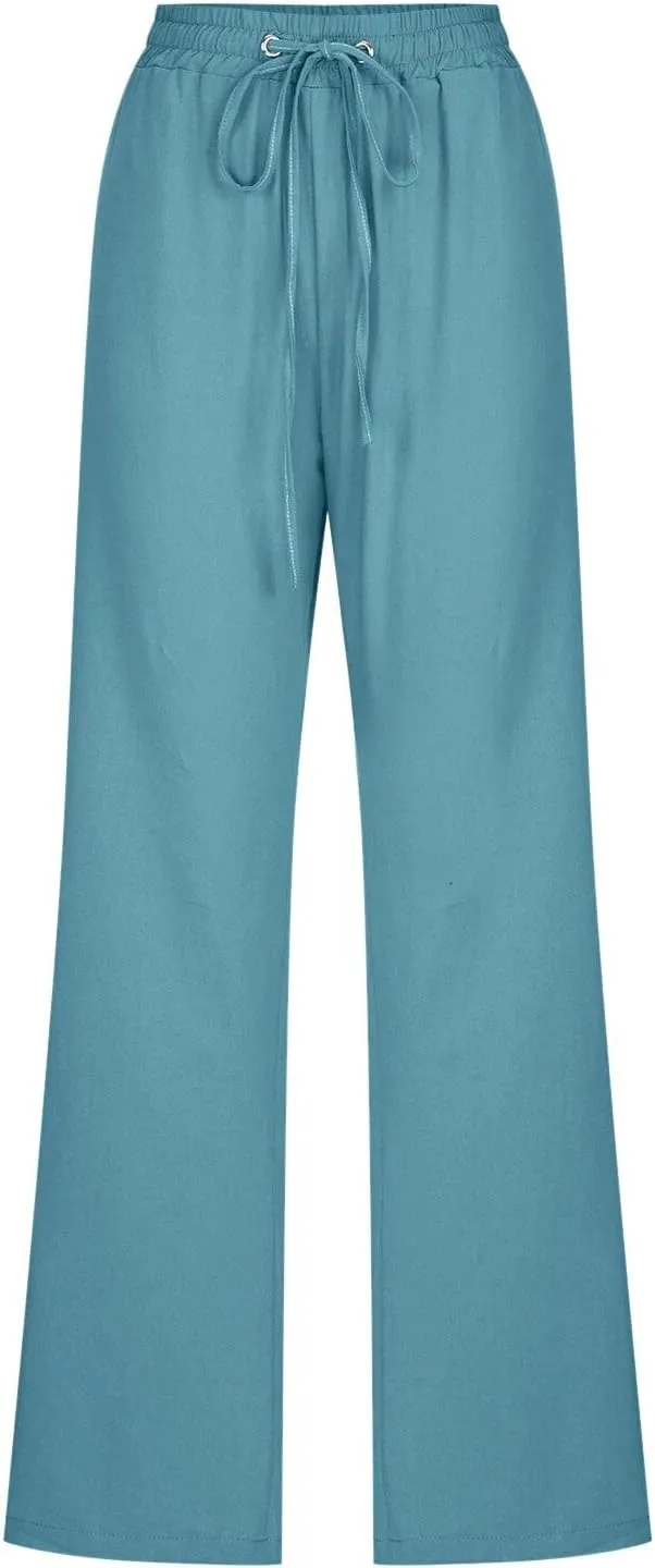 Women's Casual Linen Pants Lightweight Summer Relax Fit Elastic Waist Plus Size Pants Loose Trousers with Pockets