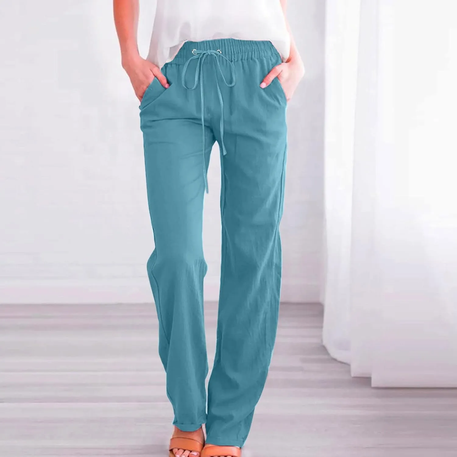 Women's Casual Linen Pants Lightweight Summer Relax Fit Elastic Waist Plus Size Pants Loose Trousers with Pockets