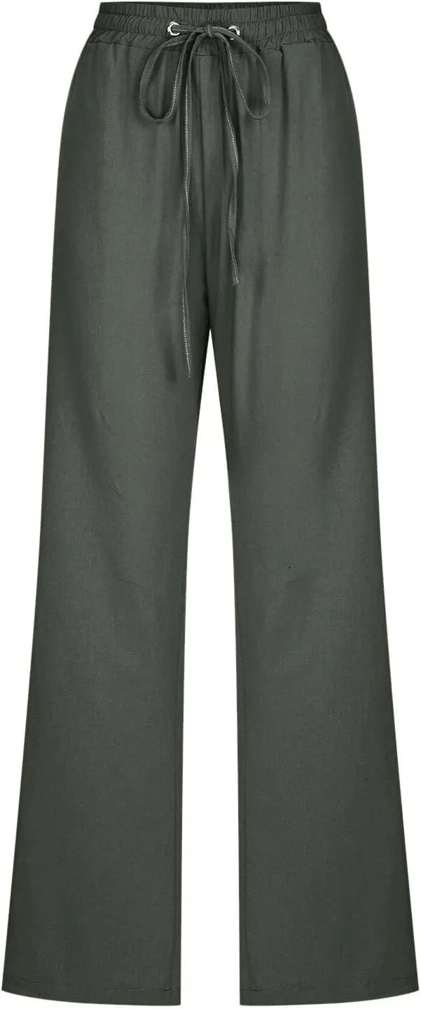 Women's Casual Linen Pants Lightweight Summer Relax Fit Elastic Waist Plus Size Pants Loose Trousers with Pockets