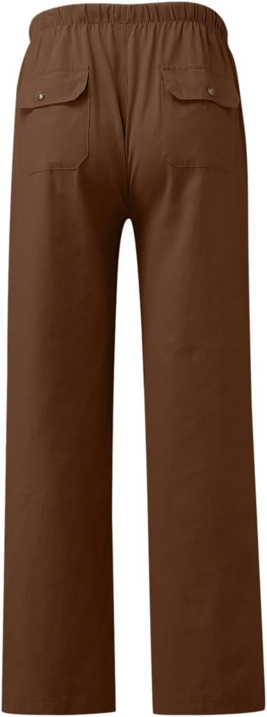 Women's Casual Linen Pants Lightweight Summer Relax Fit Elastic Waist Plus Size Pants Loose Trousers with Pockets
