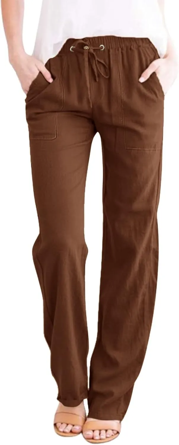 Women's Casual Linen Pants Lightweight Summer Relax Fit Elastic Waist Plus Size Pants Loose Trousers with Pockets