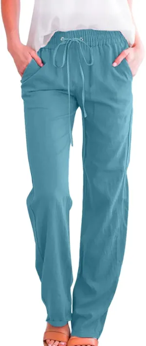 Women's Casual Linen Pants Lightweight Summer Relax Fit Elastic Waist Plus Size Pants Loose Trousers with Pockets