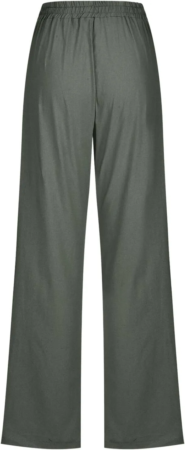 Women's Casual Linen Pants Lightweight Summer Relax Fit Elastic Waist Plus Size Pants Loose Trousers with Pockets