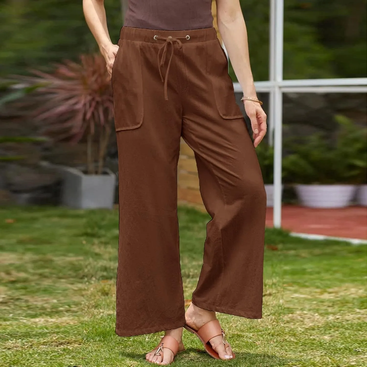 Women's Casual Linen Pants Lightweight Summer Relax Fit Elastic Waist Plus Size Pants Loose Trousers with Pockets
