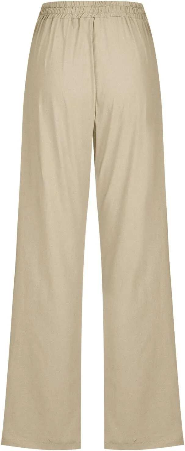 Women's Casual Linen Pants Lightweight Summer Relax Fit Elastic Waist Plus Size Pants Loose Trousers with Pockets