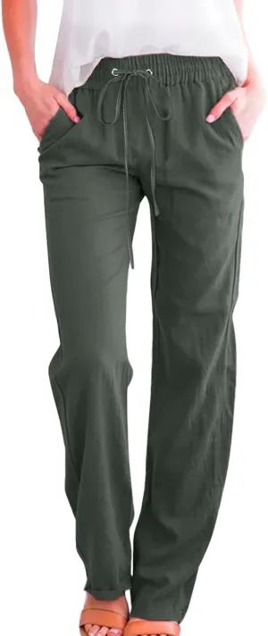 Women's Casual Linen Pants Lightweight Summer Relax Fit Elastic Waist Plus Size Pants Loose Trousers with Pockets