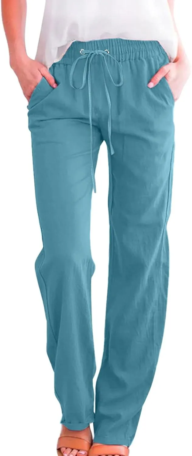 Women's Casual Linen Pants Lightweight Summer Relax Fit Elastic Waist Plus Size Pants Loose Trousers with Pockets