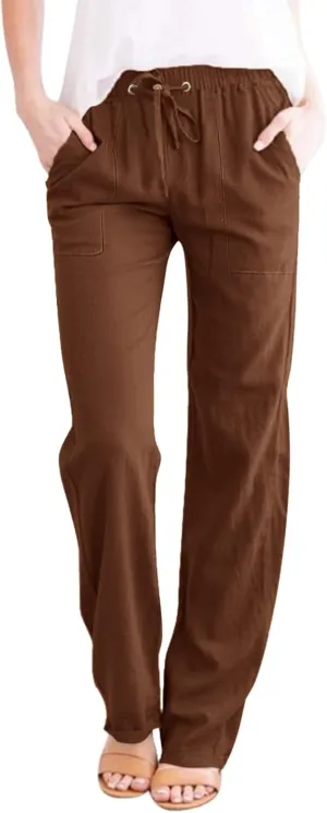 Women's Casual Linen Pants Lightweight Summer Relax Fit Elastic Waist Plus Size Pants Loose Trousers with Pockets