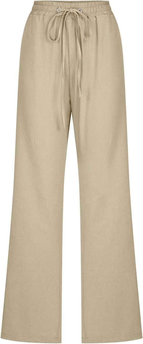 Women's Casual Linen Pants Lightweight Summer Relax Fit Elastic Waist Plus Size Pants Loose Trousers with Pockets