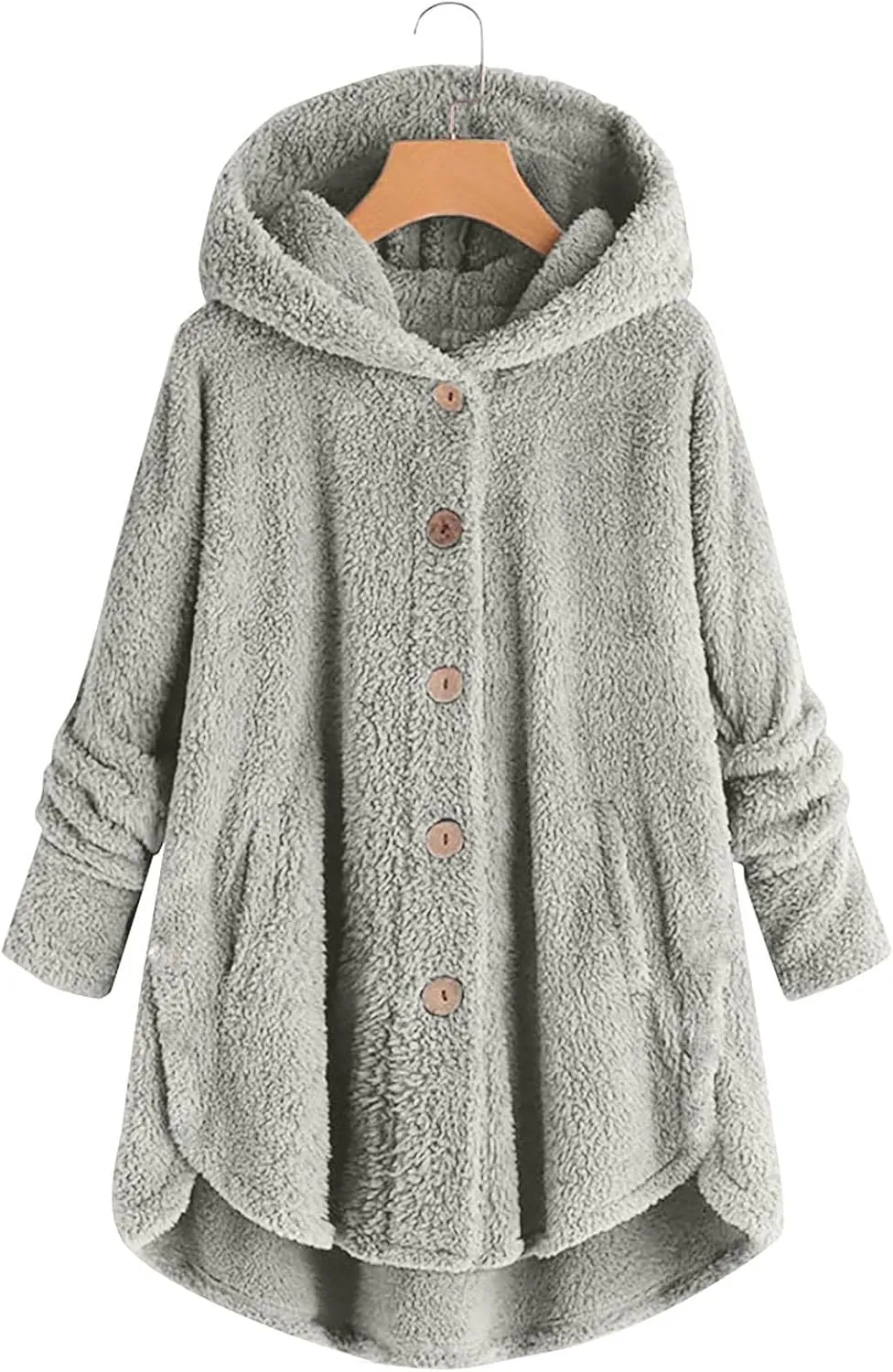 Womens Casual Sherpa Hoodie Jacket Fuzzy Fleece Warm Sweatshirts Button Down Oversized Outerwear Loose Hooded Tops