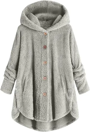 Womens Casual Sherpa Hoodie Jacket Fuzzy Fleece Warm Sweatshirts Button Down Oversized Outerwear Loose Hooded Tops