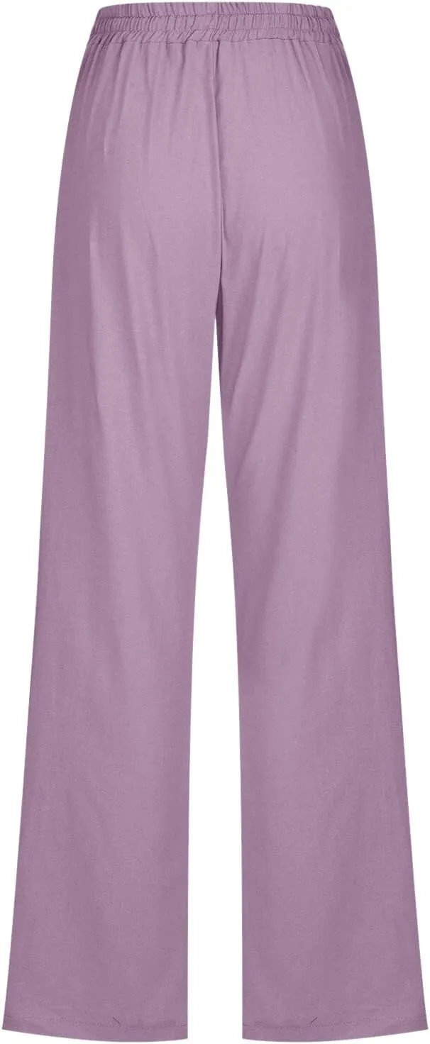 Women's Casual Summer Cotton Linen Pants Fashion Relax Fit Straight Leg Drawstring Lightweight Lounge Beach Trousers