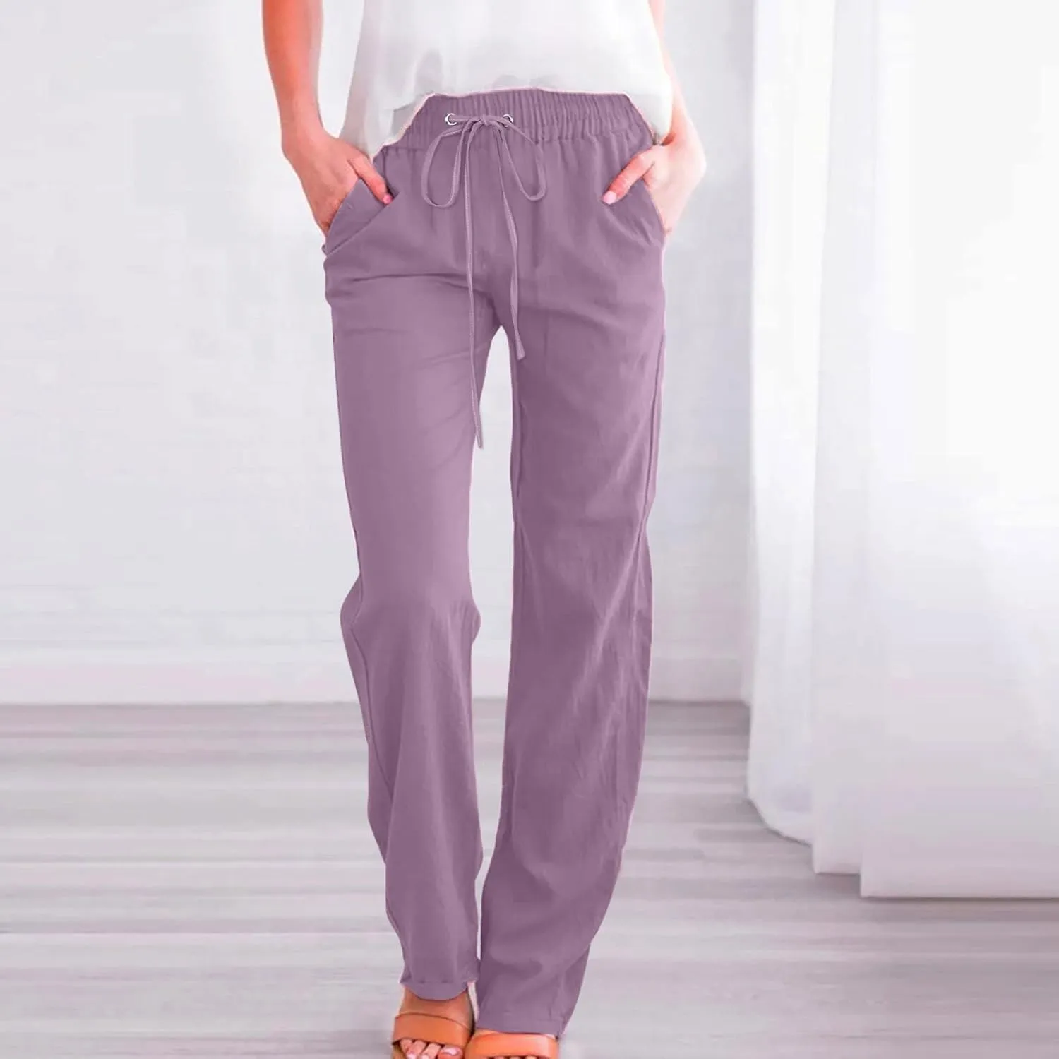 Women's Casual Summer Cotton Linen Pants Fashion Relax Fit Straight Leg Drawstring Lightweight Lounge Beach Trousers