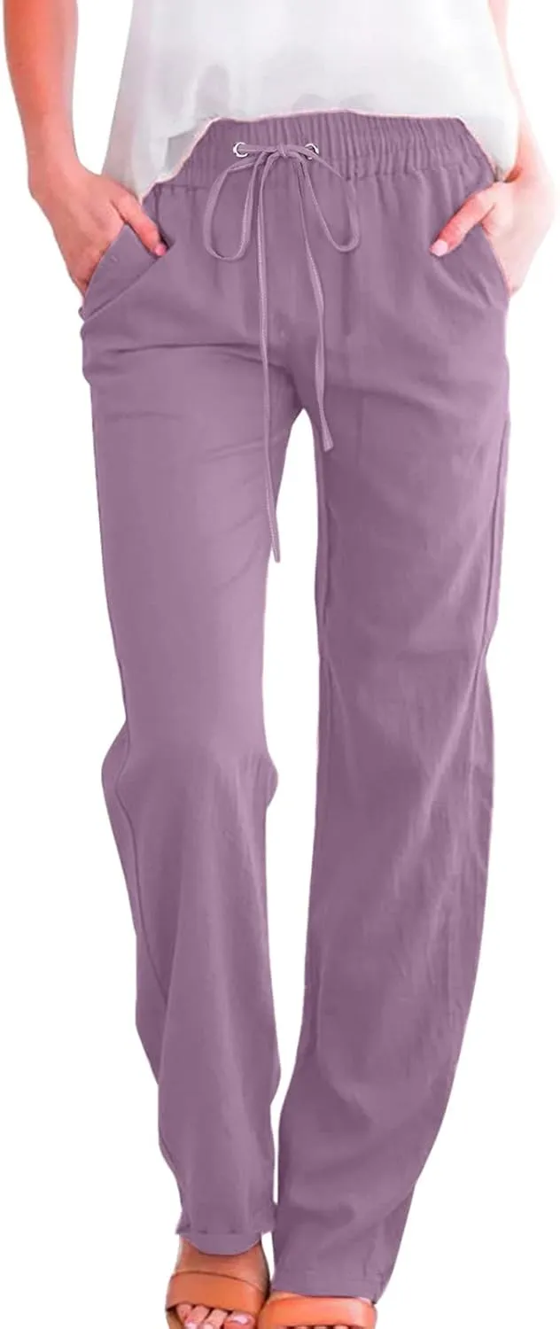 Women's Casual Summer Cotton Linen Pants Fashion Relax Fit Straight Leg Drawstring Lightweight Lounge Beach Trousers
