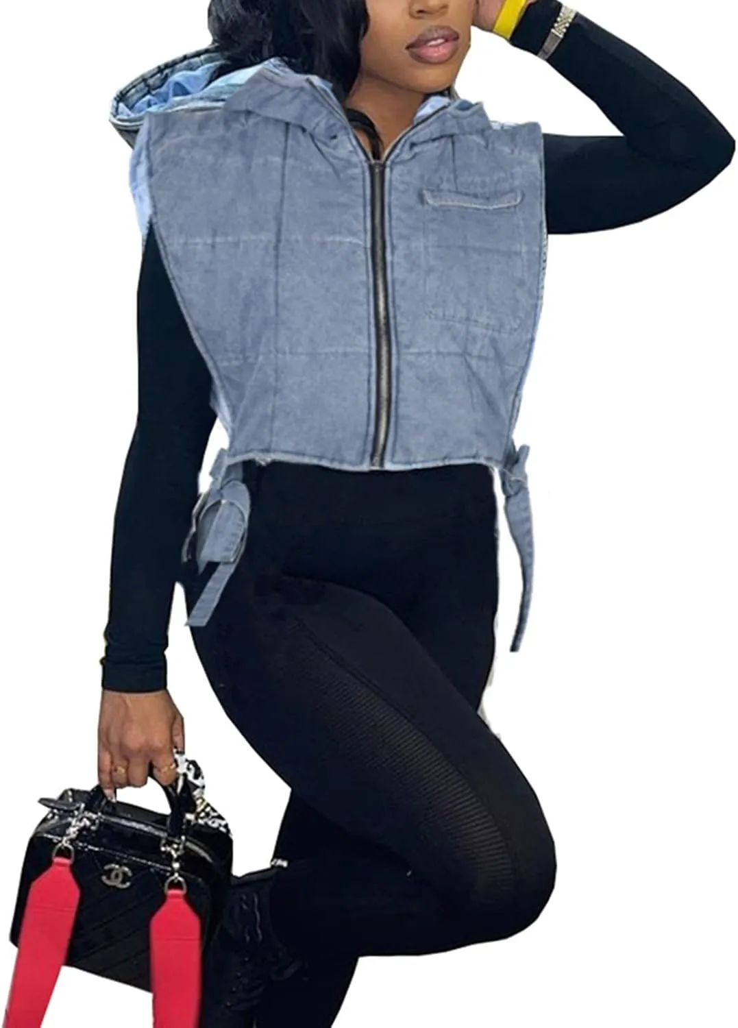 Womens Causal Sleeveless Hooded Denim Vest Zipper Padded Vest Relax Fit Jean Vest Outwear Cropped Vest Jacket