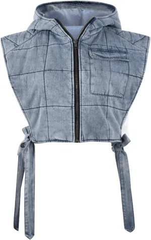 Womens Causal Sleeveless Hooded Denim Vest Zipper Padded Vest Relax Fit Jean Vest Outwear Cropped Vest Jacket