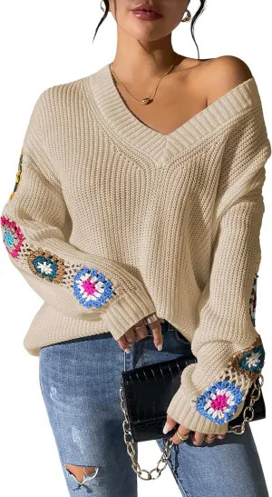 Womens Classic Boho Floral Crochet Long Sleeve Sweaters Casual Pullover Knitwear for Fall Winter Basic Tops 2024