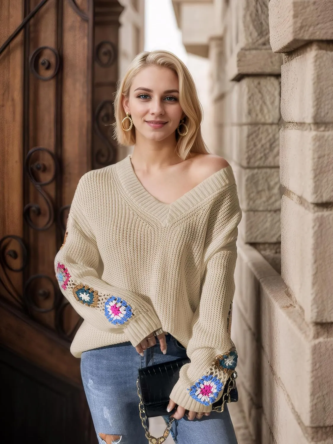 Womens Classic Boho Floral Crochet Long Sleeve Sweaters Casual Pullover Knitwear for Fall Winter Basic Tops 2024