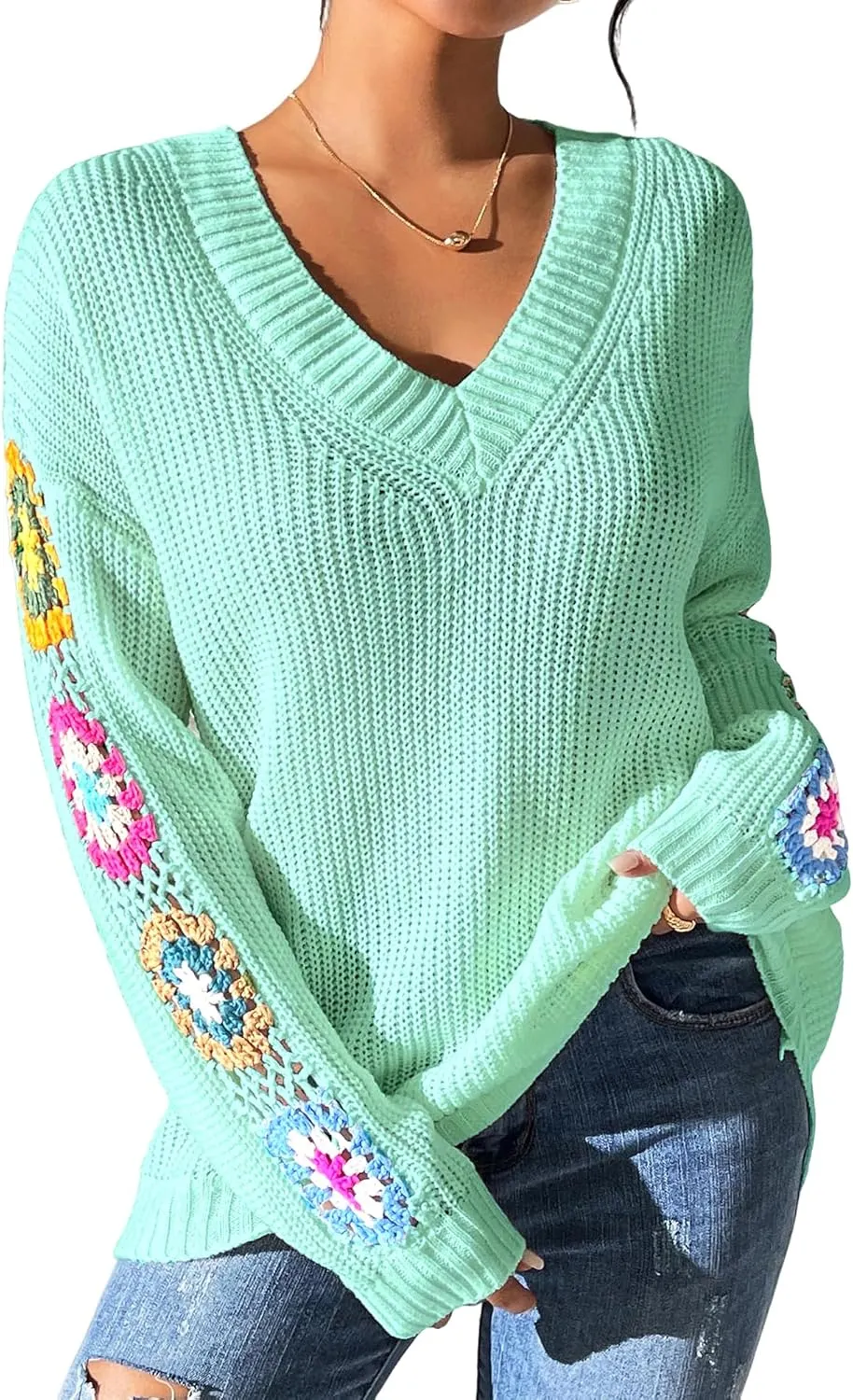 Womens Classic Boho Floral Crochet Long Sleeve Sweaters Casual Pullover Knitwear for Fall Winter Basic Tops 2024