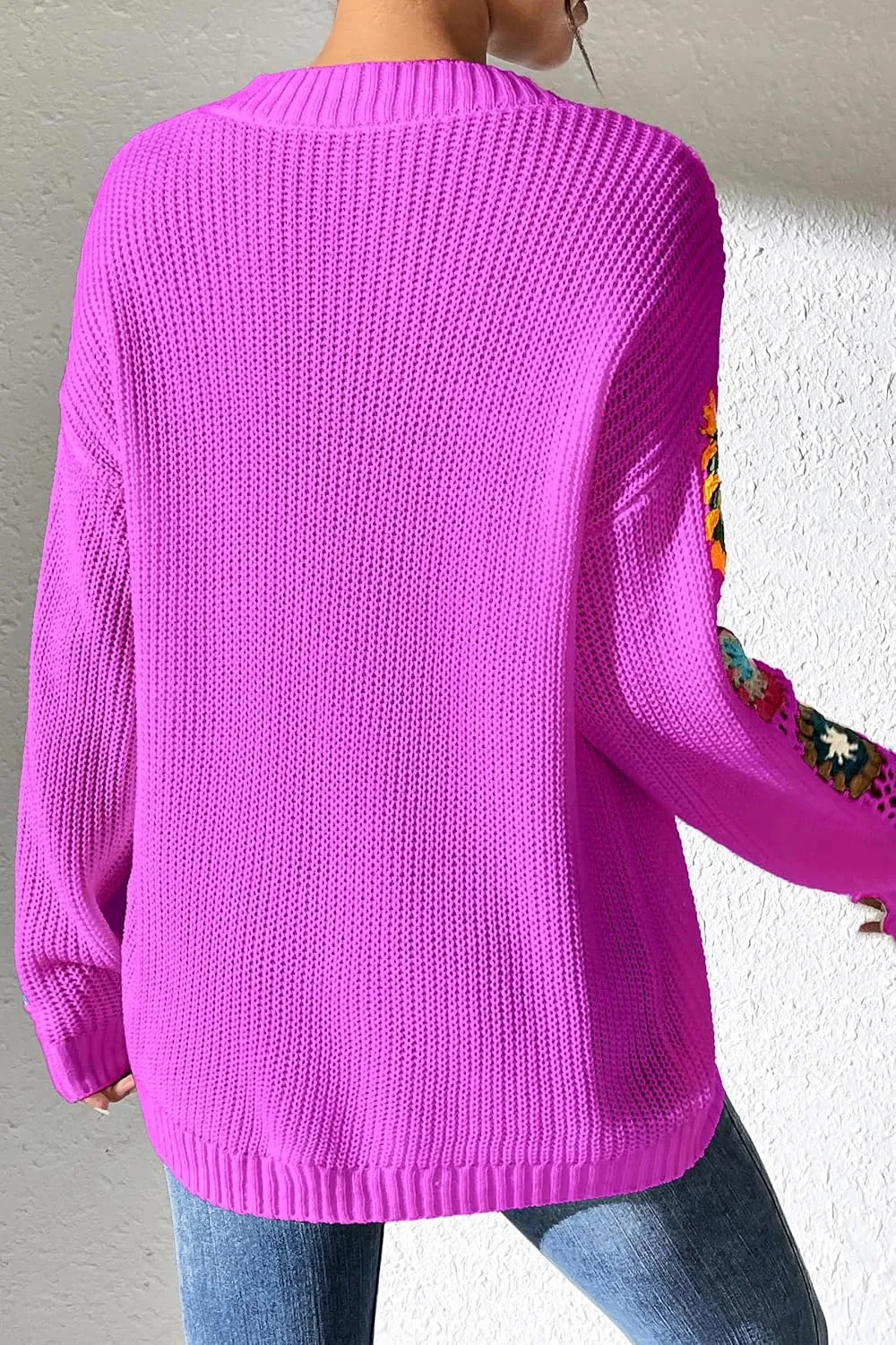 Womens Classic Boho Floral Crochet Long Sleeve Sweaters Casual Pullover Knitwear for Fall Winter Basic Tops 2024