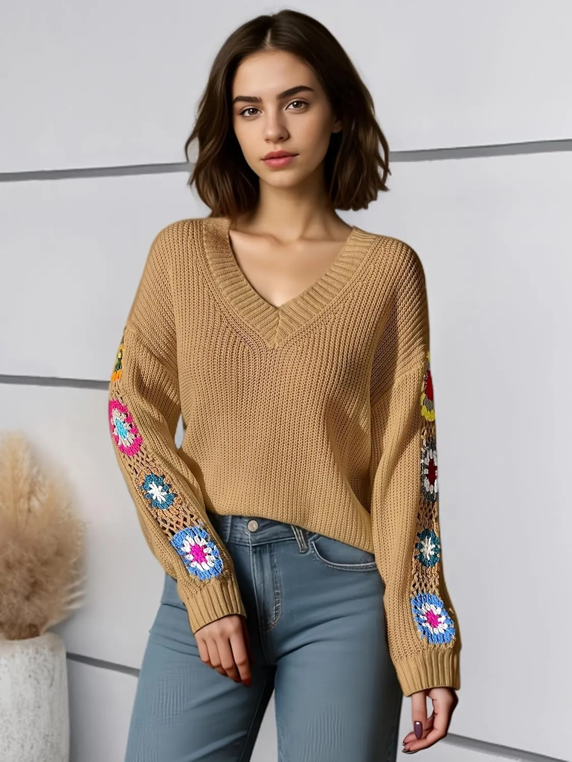 Womens Classic Boho Floral Crochet Long Sleeve Sweaters Casual Pullover Knitwear for Fall Winter Basic Tops 2024