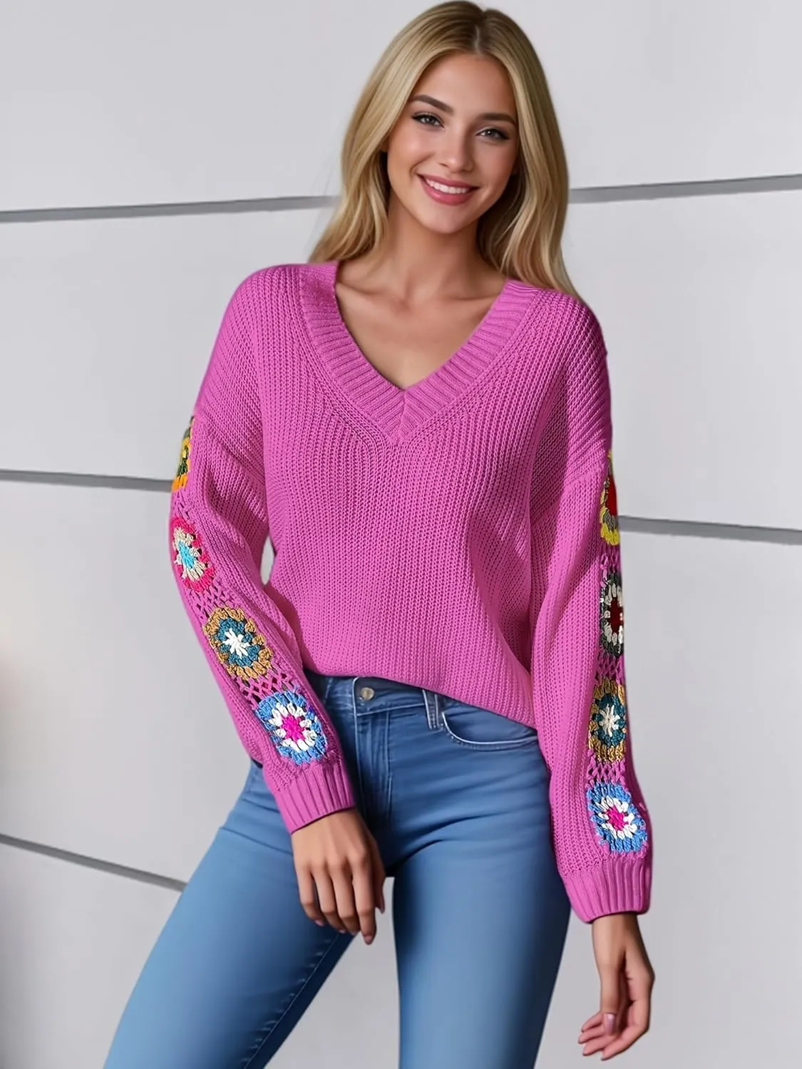 Womens Classic Boho Floral Crochet Long Sleeve Sweaters Casual Pullover Knitwear for Fall Winter Basic Tops 2024