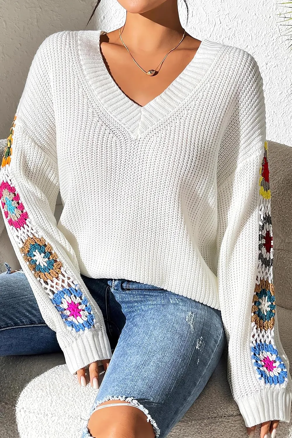 Womens Classic Boho Floral Crochet Long Sleeve Sweaters Casual Pullover Knitwear for Fall Winter Basic Tops 2024