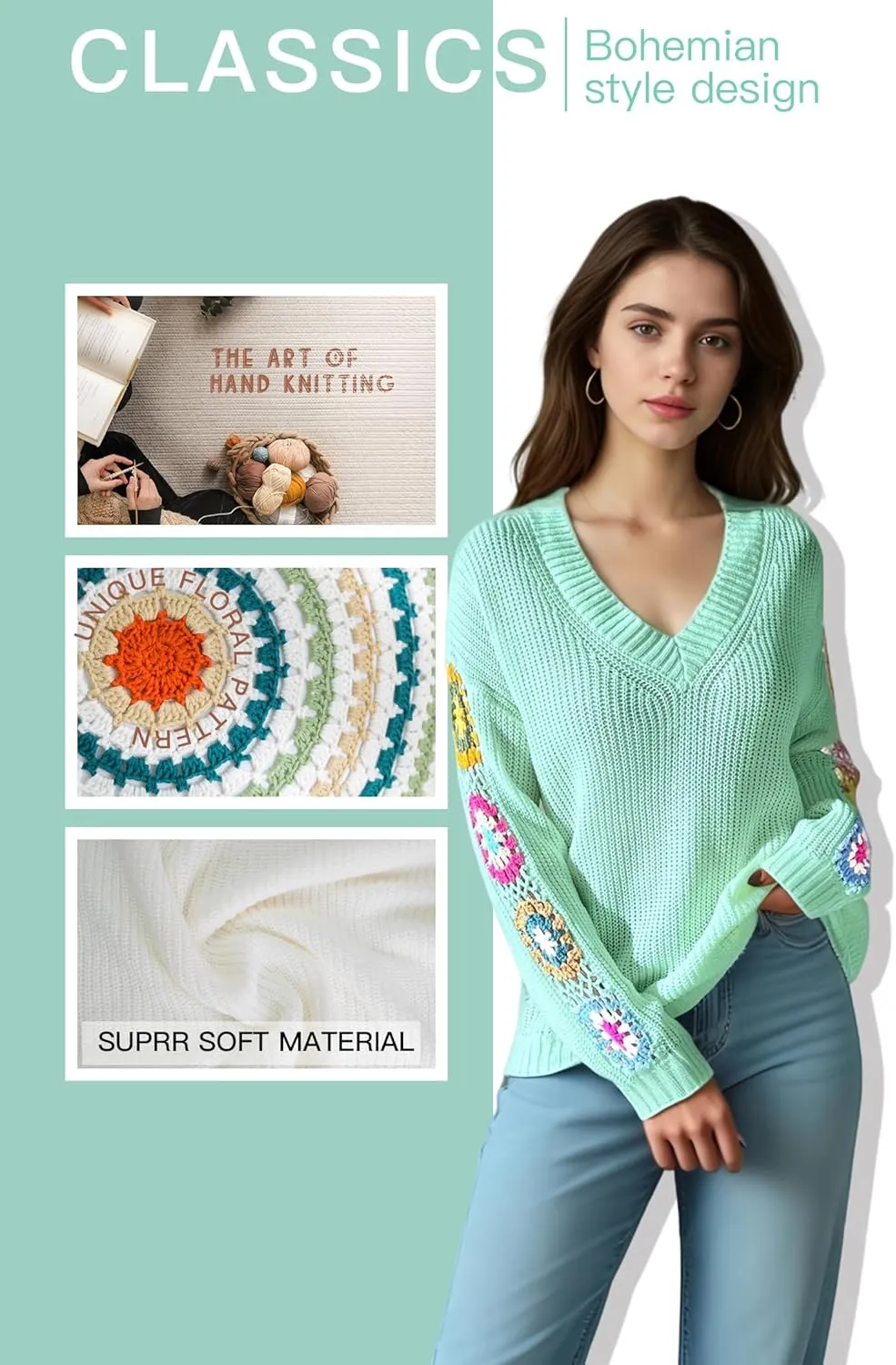 Womens Classic Boho Floral Crochet Long Sleeve Sweaters Casual Pullover Knitwear for Fall Winter Basic Tops 2024