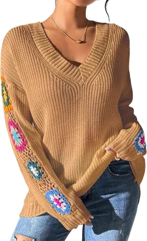 Womens Classic Boho Floral Crochet Long Sleeve Sweaters Casual Pullover Knitwear for Fall Winter Basic Tops 2024
