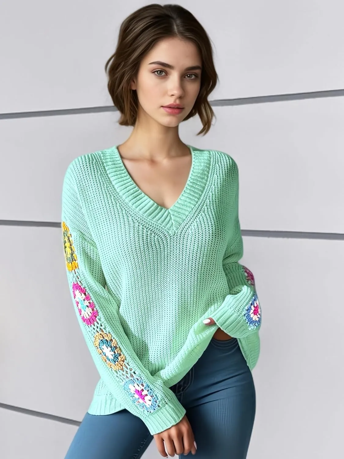 Womens Classic Boho Floral Crochet Long Sleeve Sweaters Casual Pullover Knitwear for Fall Winter Basic Tops 2024