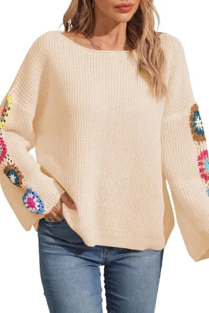 Womens Classic Boho Floral Crochet Long Sleeve Sweaters Casual Pullover Knitwear for Fall Winter Basic Tops 2024