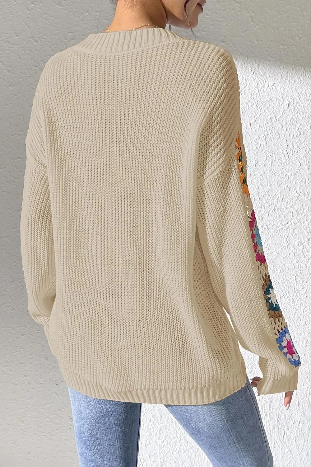 Womens Classic Boho Floral Crochet Long Sleeve Sweaters Casual Pullover Knitwear for Fall Winter Basic Tops 2024