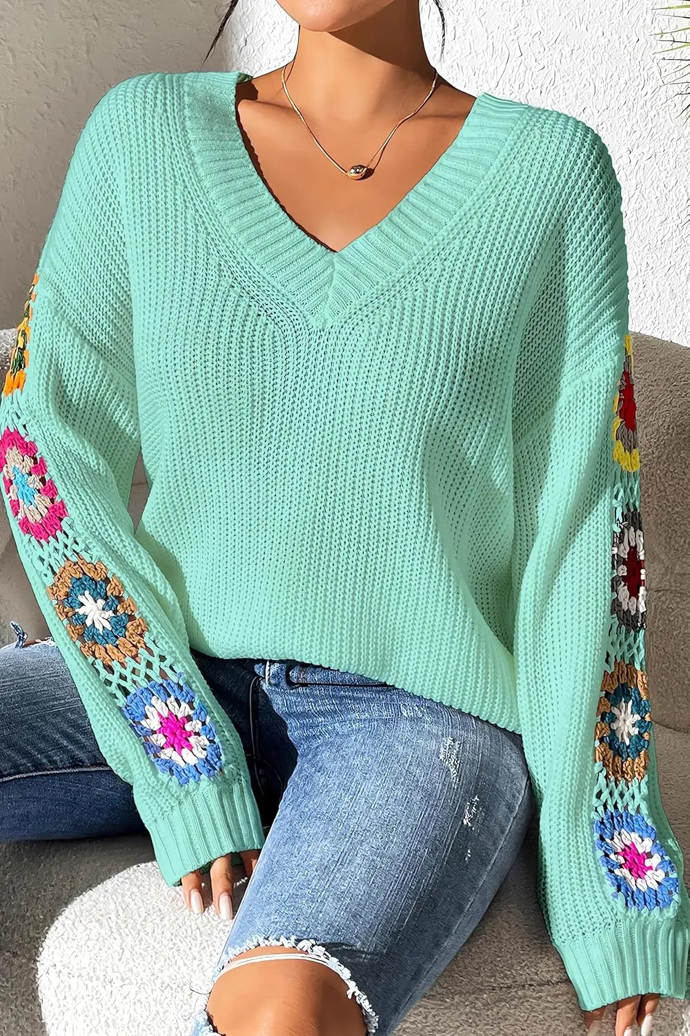 Womens Classic Boho Floral Crochet Long Sleeve Sweaters Casual Pullover Knitwear for Fall Winter Basic Tops 2024