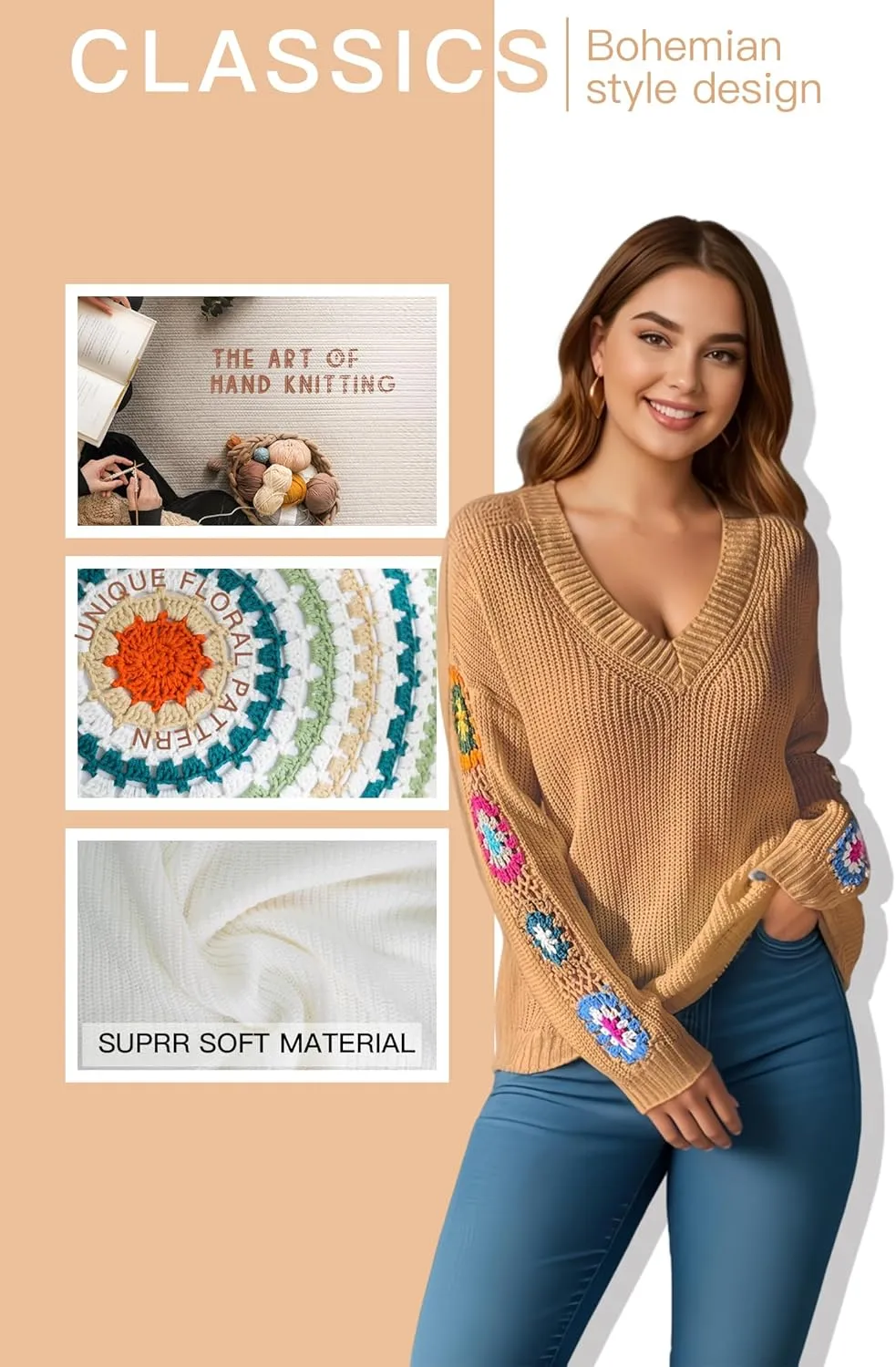 Womens Classic Boho Floral Crochet Long Sleeve Sweaters Casual Pullover Knitwear for Fall Winter Basic Tops 2024