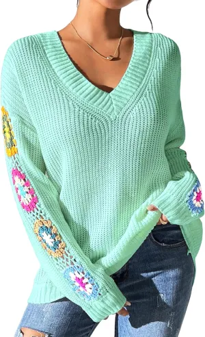 Womens Classic Boho Floral Crochet Long Sleeve Sweaters Casual Pullover Knitwear for Fall Winter Basic Tops 2024