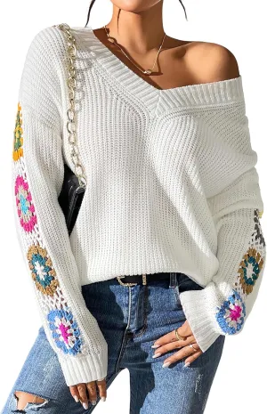 Womens Classic Boho Floral Crochet Long Sleeve Sweaters Casual Pullover Knitwear for Fall Winter Basic Tops 2024