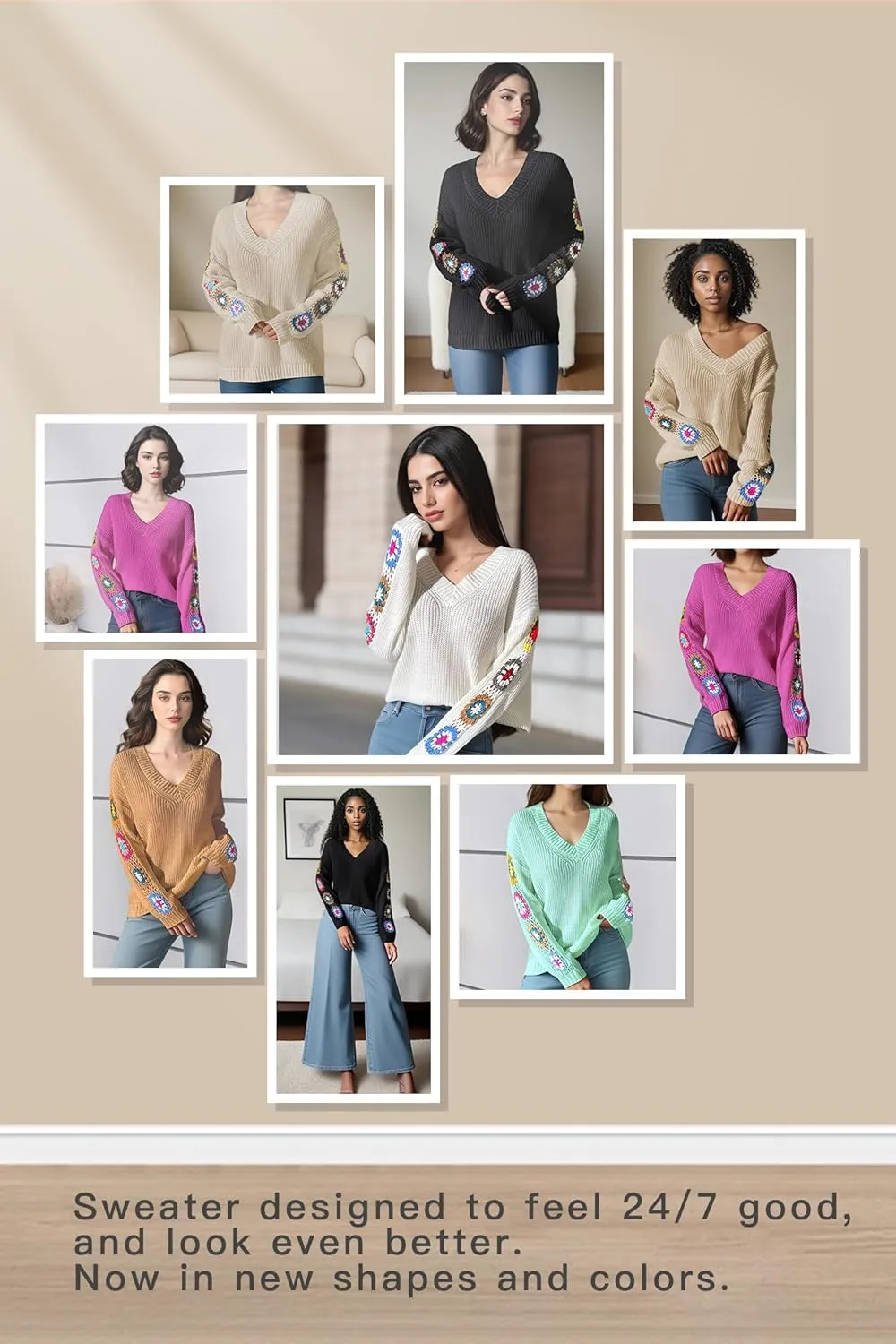 Womens Classic Boho Floral Crochet Long Sleeve Sweaters Casual Pullover Knitwear for Fall Winter Basic Tops 2024