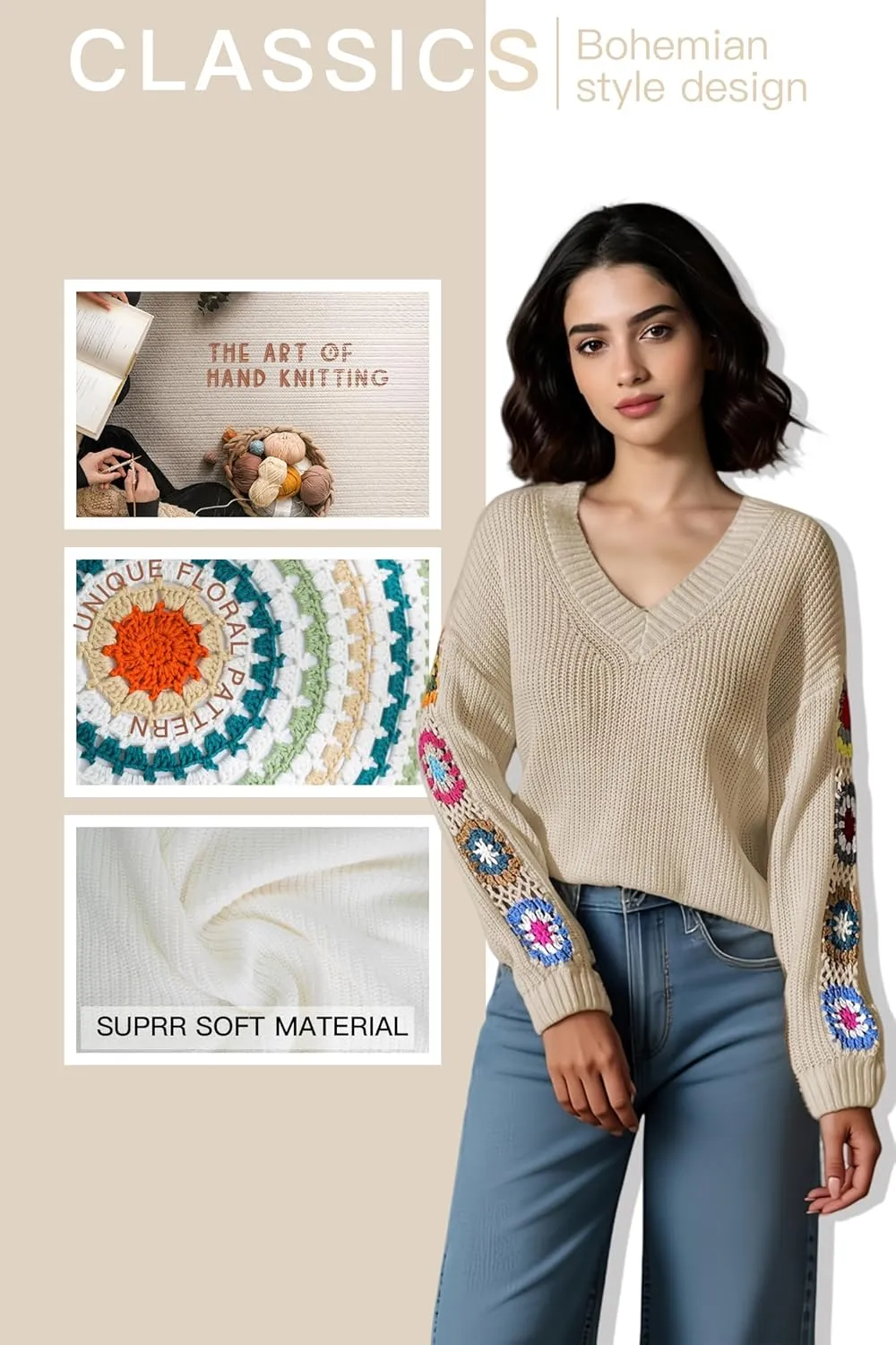 Womens Classic Boho Floral Crochet Long Sleeve Sweaters Casual Pullover Knitwear for Fall Winter Basic Tops 2024