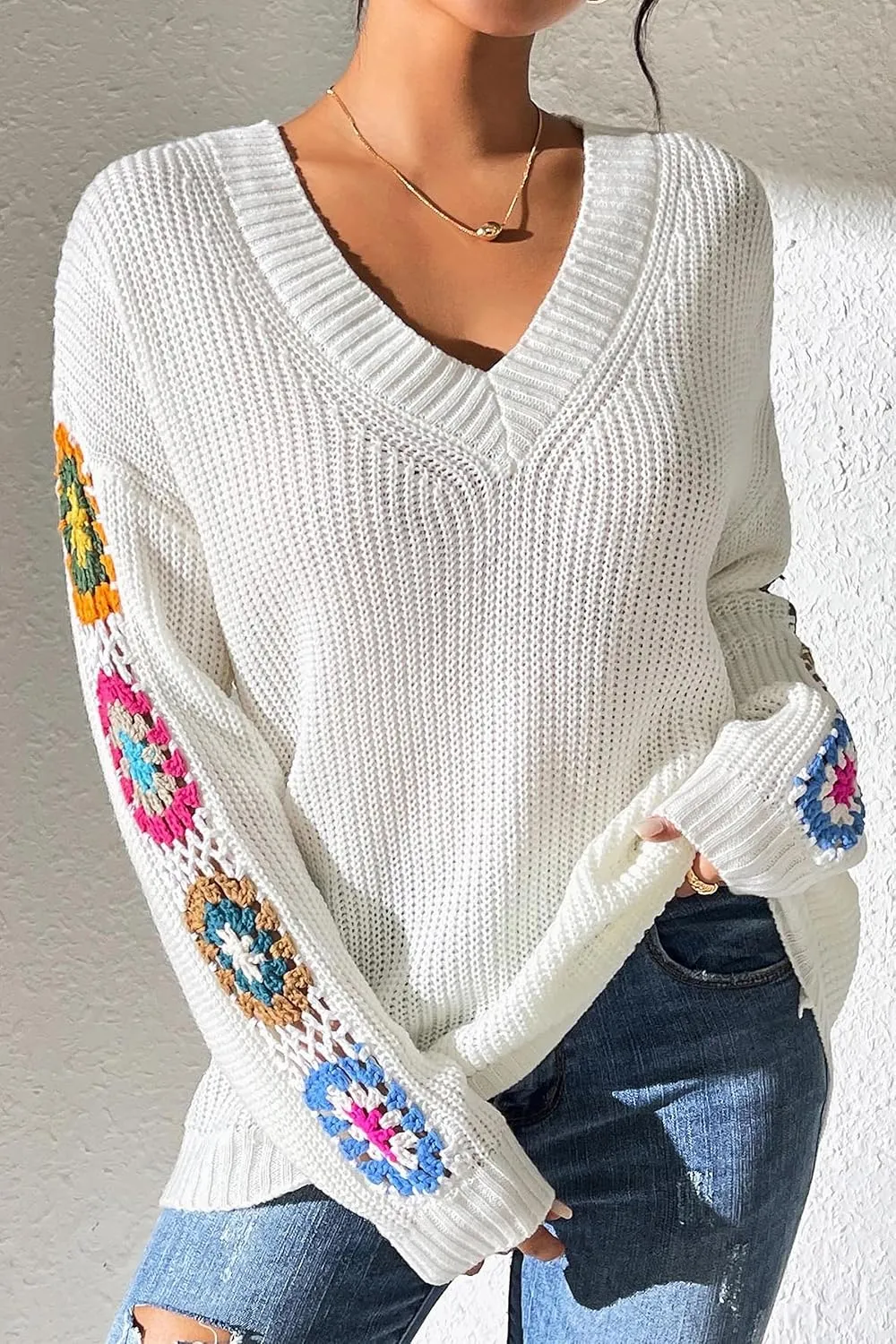 Womens Classic Boho Floral Crochet Long Sleeve Sweaters Casual Pullover Knitwear for Fall Winter Basic Tops 2024