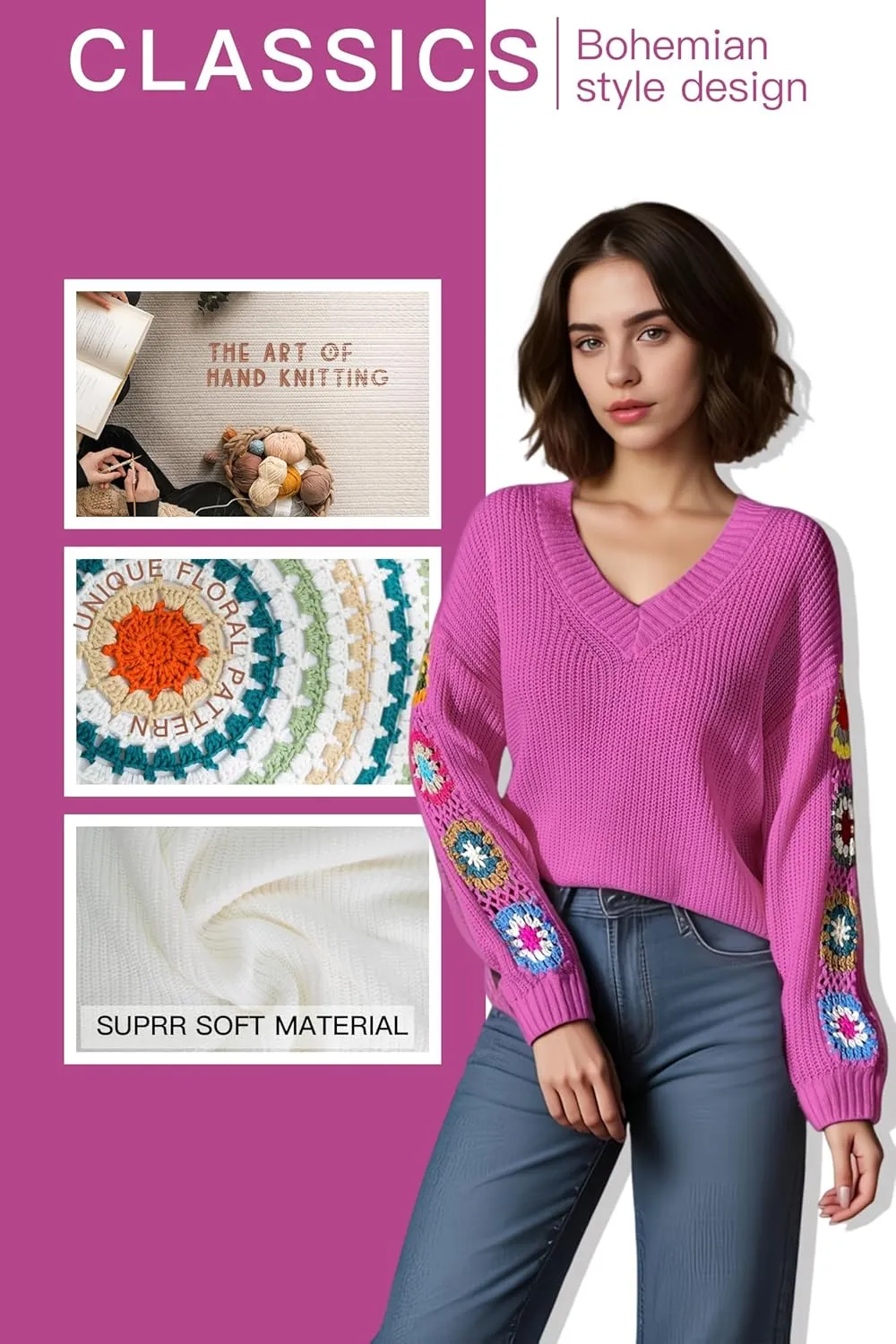 Womens Classic Boho Floral Crochet Long Sleeve Sweaters Casual Pullover Knitwear for Fall Winter Basic Tops 2024