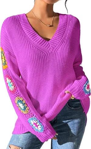 Womens Classic Boho Floral Crochet Long Sleeve Sweaters Casual Pullover Knitwear for Fall Winter Basic Tops 2024