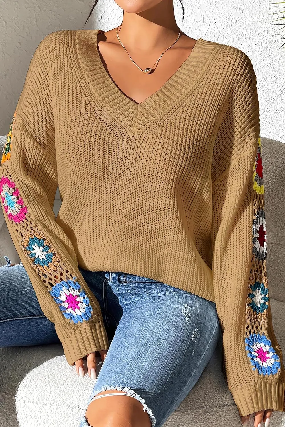 Womens Classic Boho Floral Crochet Long Sleeve Sweaters Casual Pullover Knitwear for Fall Winter Basic Tops 2024