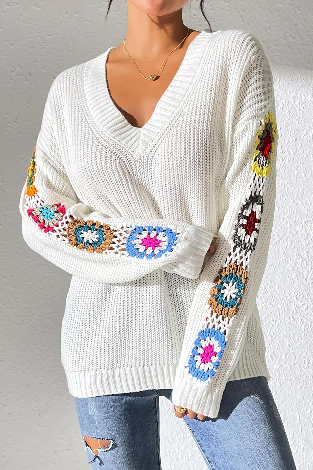 Womens Classic Boho Floral Crochet Long Sleeve Sweaters Casual Pullover Knitwear for Fall Winter Basic Tops 2024