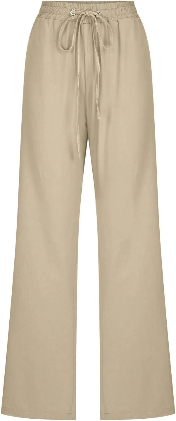 Women's Cotton and Linen Drawstring Trousers Casual High-Waisted Straight Leg Lounge Long Pants Relax Comfy Pant