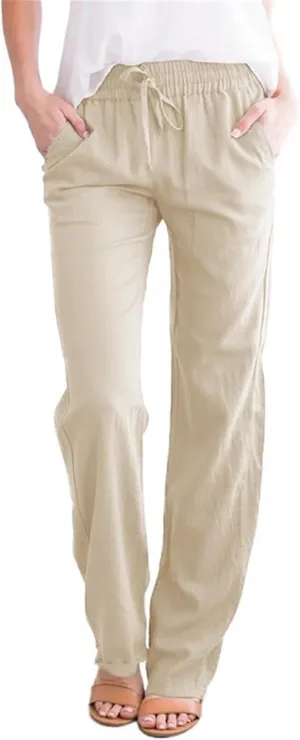Women's Cotton and Linen Drawstring Trousers Casual High-Waisted Straight Leg Lounge Long Pants Relax Comfy Pant