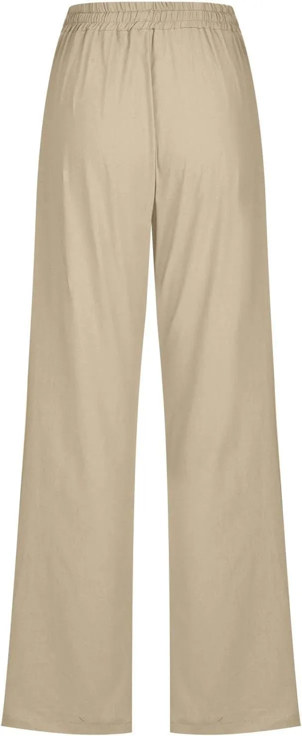 Women's Cotton and Linen Drawstring Trousers Casual High-Waisted Straight Leg Lounge Long Pants Relax Comfy Pant
