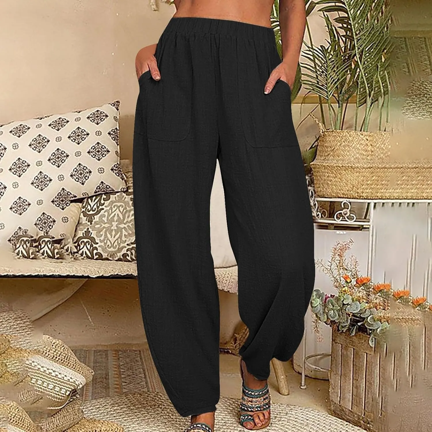 Women's Cotton Linen Harem Pants Casual Baggy High Waisted Elastic Pants Trousers with Pockets Wide Leg Palazzo Pants