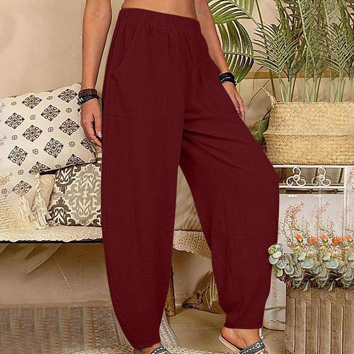 Women's Cotton Linen Harem Pants Casual Baggy High Waisted Elastic Pants Trousers with Pockets Wide Leg Palazzo Pants