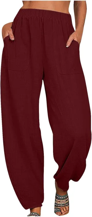 Women's Cotton Linen Harem Pants Casual Baggy High Waisted Elastic Pants Trousers with Pockets Wide Leg Palazzo Pants