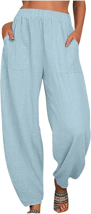 Women's Cotton Linen Harem Pants Casual Baggy High Waisted Elastic Pants Trousers with Pockets Wide Leg Palazzo Pants